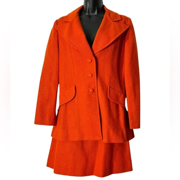 Vintage 60s Mod Orange Wool Skirt Suit Set Blazer Jacket Tailored Small - Picture 7 of 13